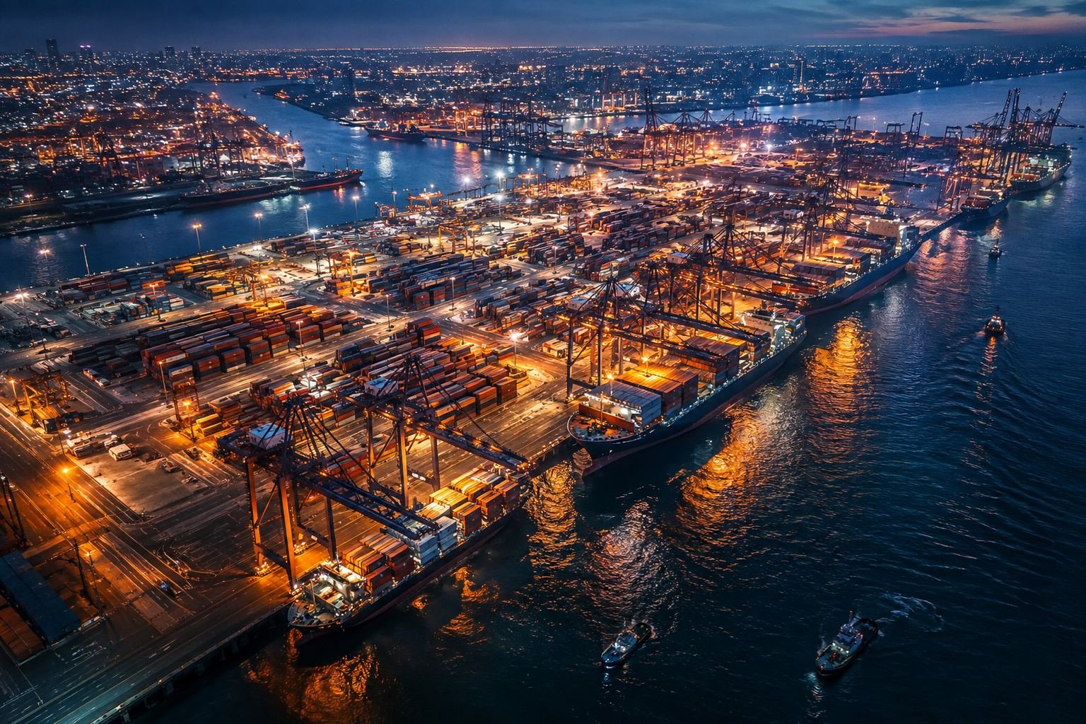 Aerial view of port at dusk