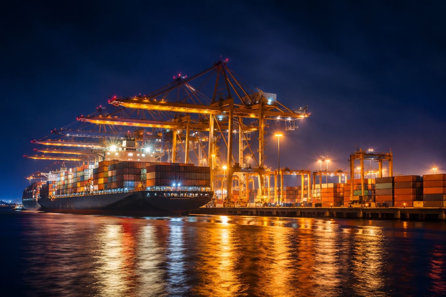 Container ship docked at night